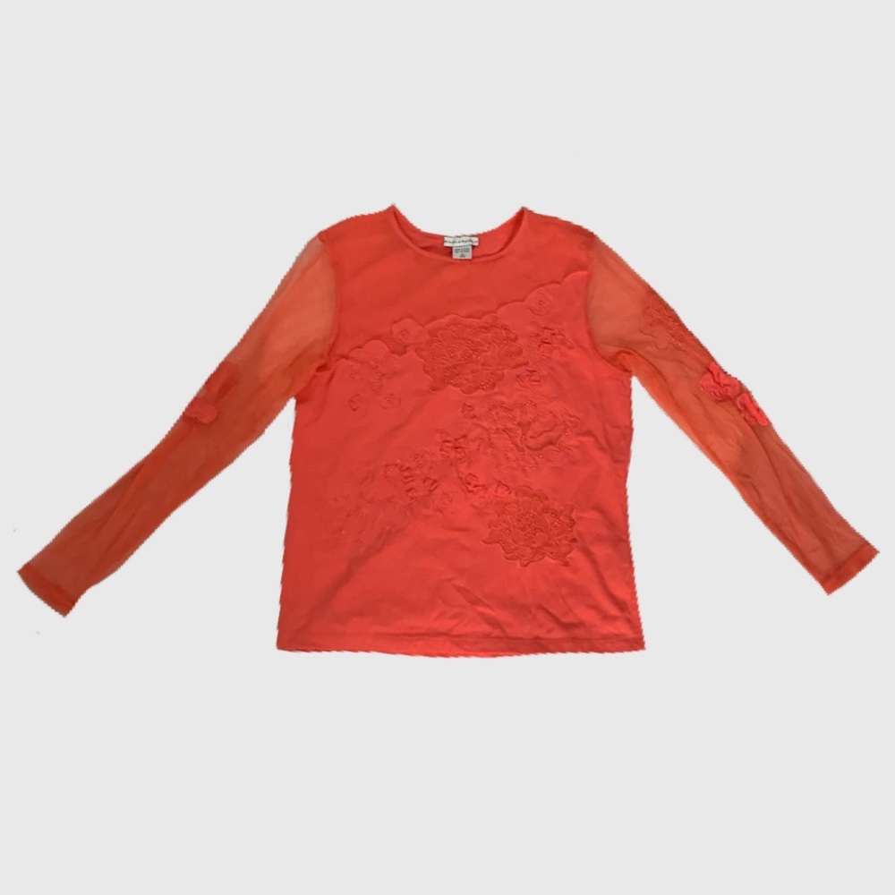 Bianca Nygard Coral Orange Mesh Sheer Details Long Sleeve Top Size M